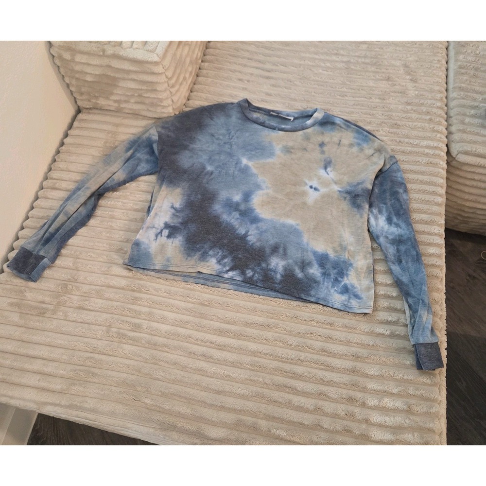 Gaze Tie Dye Crop Top Small S Blue Gray Long Sleeve Cropped Crew Neck Pullover